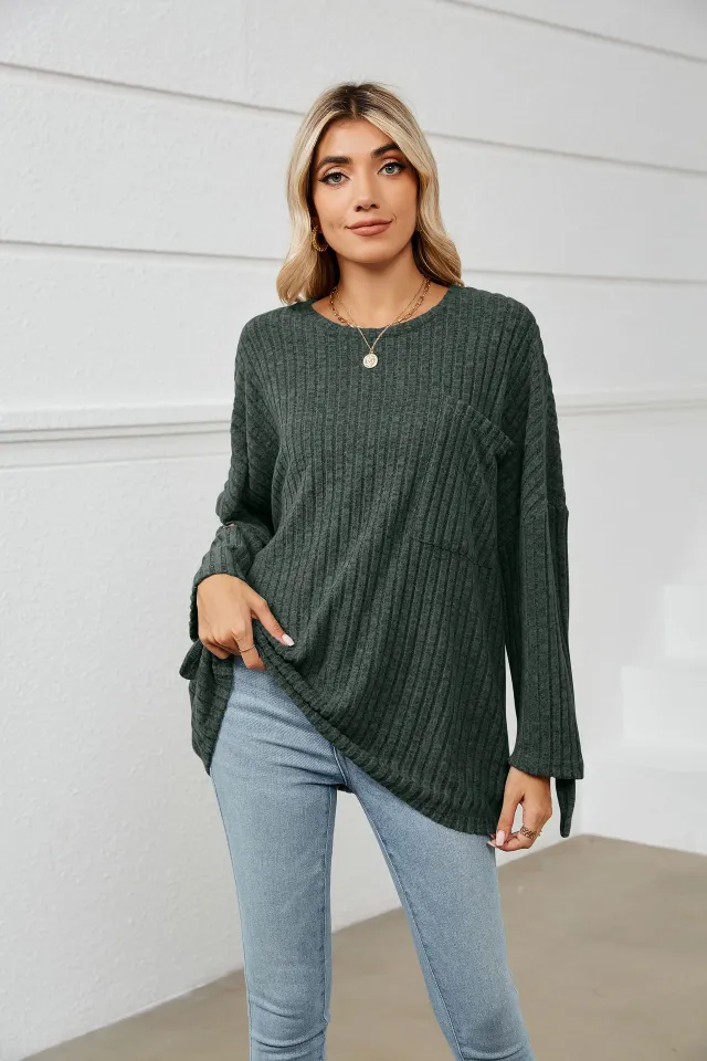 Women's Sunken Stripe Fleece Long sleeved T shirt Green - Shop at LoveMi
