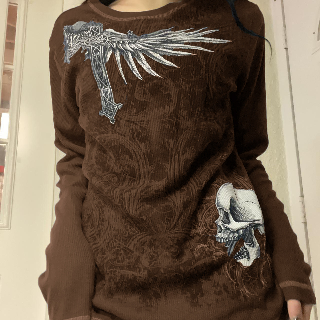 Women's Printed Long T Casual Retro Printed Top Dark Brown - Shop at LoveMi