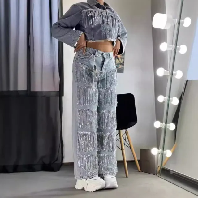 Sequined Tassel Design Straight Jeans Light Blue - Shop at LoveMi