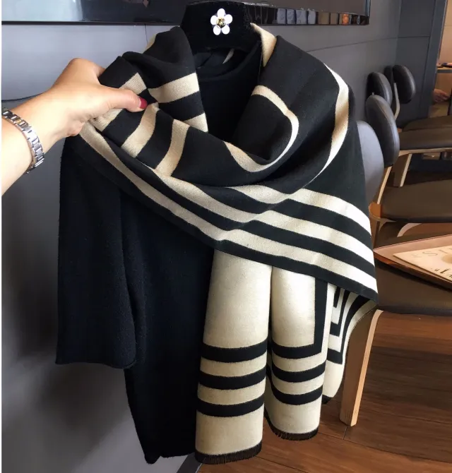 Bow Double sided Scarf Artificial Cashmere Oversize Shawl Outer Wear Black Beige N - Shop at LoveMi