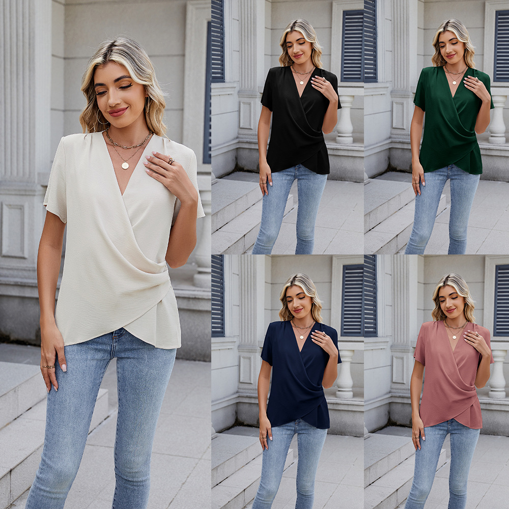 Fashionable V-neck Womens Pullover Casual Solid-color T-shirt For Women