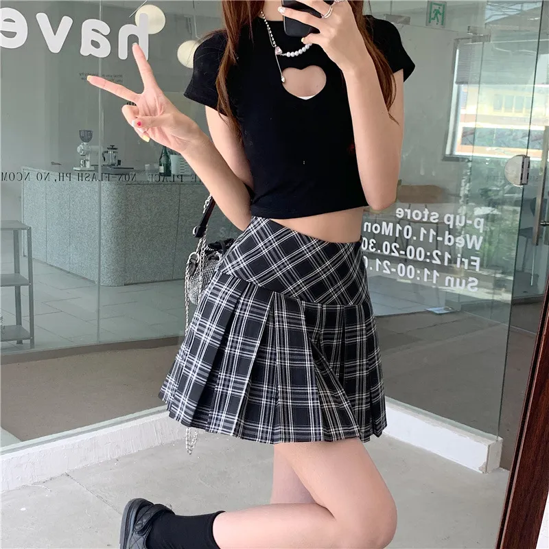 High Waist Check Skirt Women's Slimming Pleated Skirt - Black