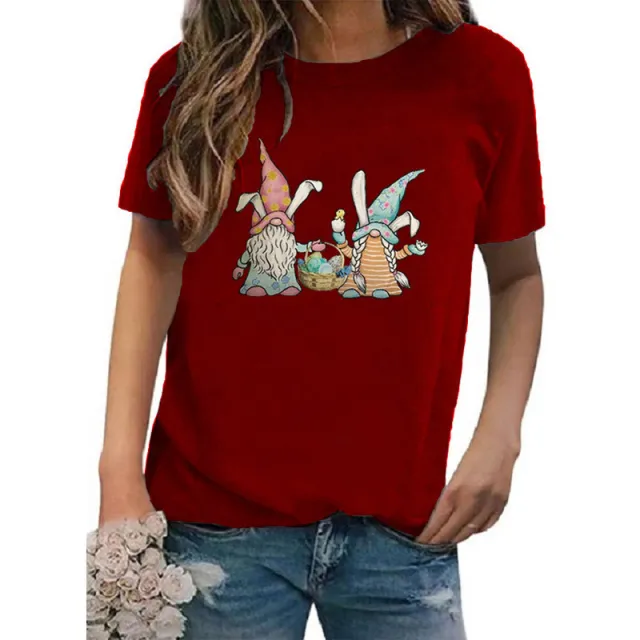 Women's Round Neck Printed Short sleeved T shirt European And American Wine Red - Shop at LoveMi
