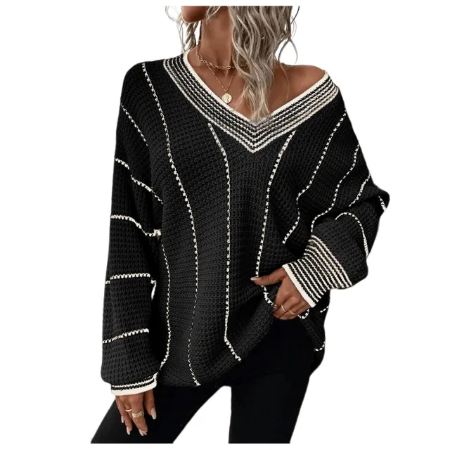 Autumn And Winter Knitted V neck Striped Sweater Black - Shop at LoveMi