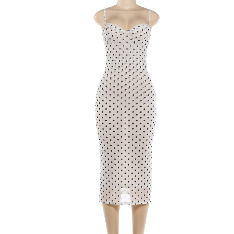 Vestido Feminino Midi de Poá com Renda e Alças