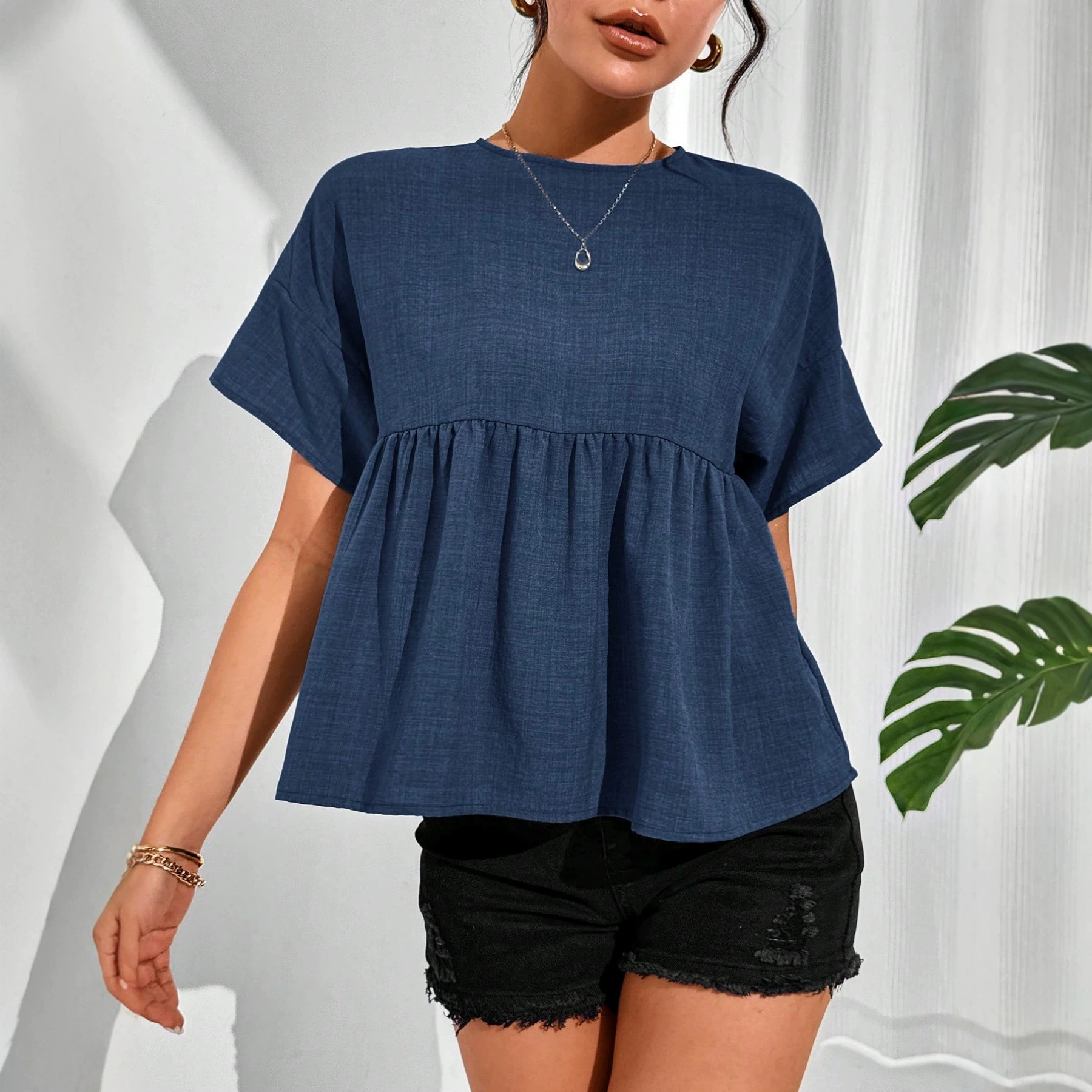Womens Minimalist Round-neck Short-sleeve Top