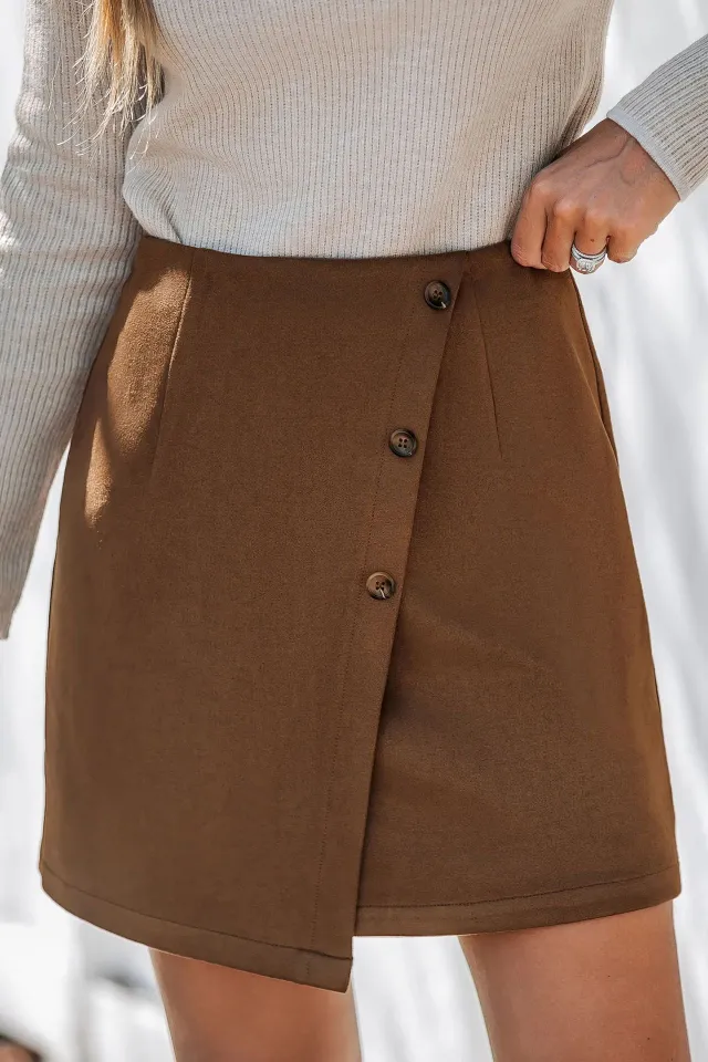 Women's Irregular High Waist Zipper Button Skirt Brown - Shop at LoveMi