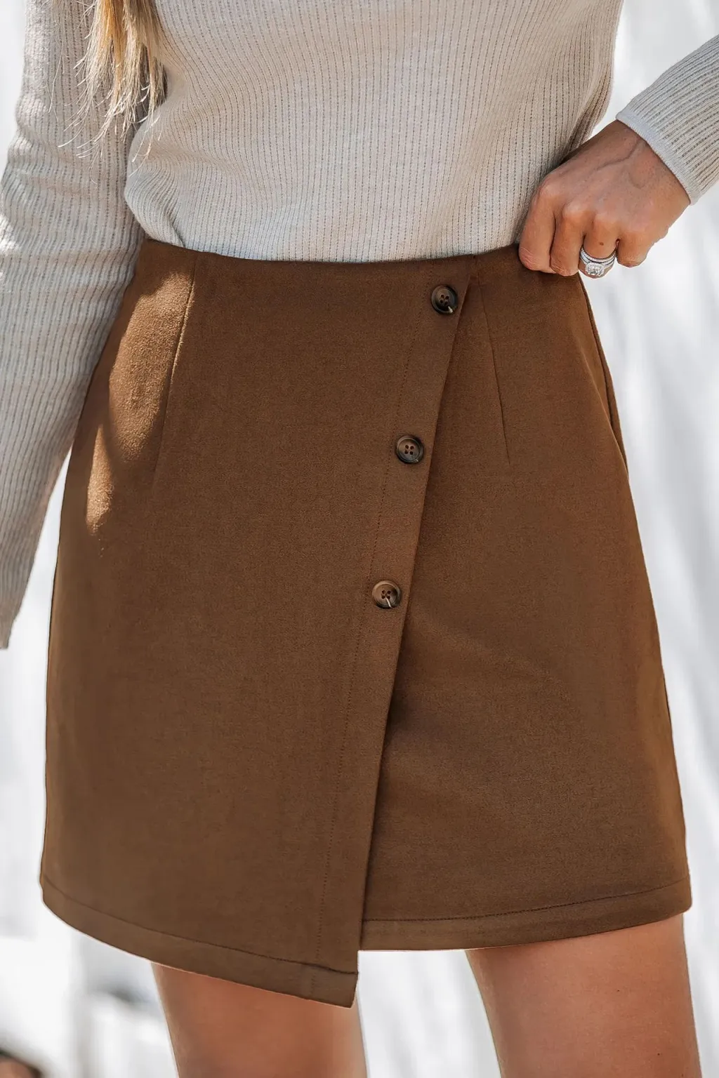 Women's Irregular High Waist Zipper Button Skirt - Brown