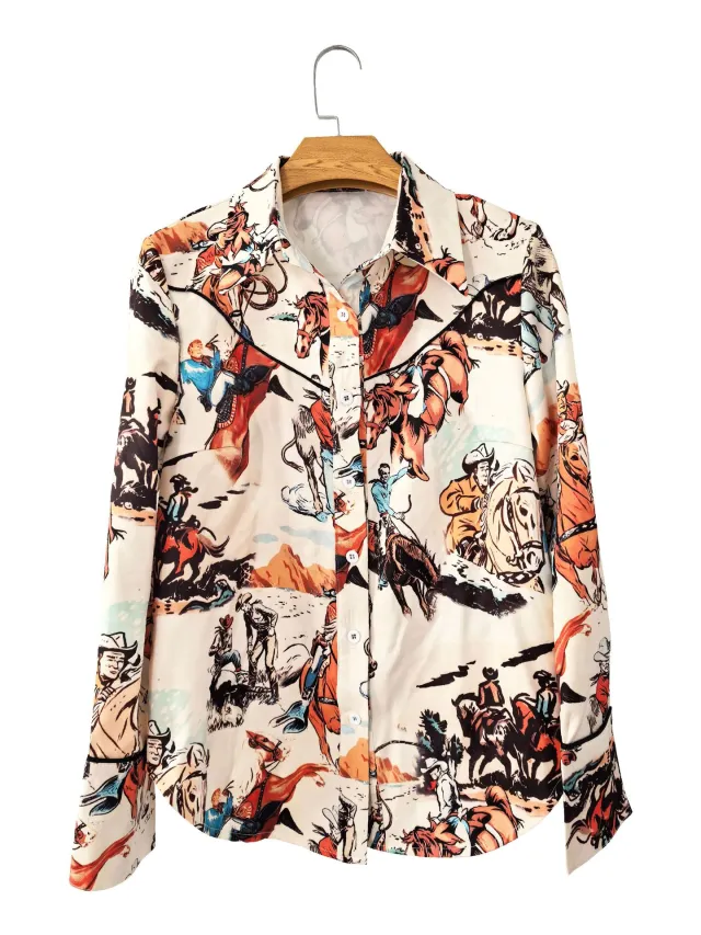 Denim Ethnic Street Printing Slim Fit Women's Shirt Cattle Denim Style S - Shop at LoveMi