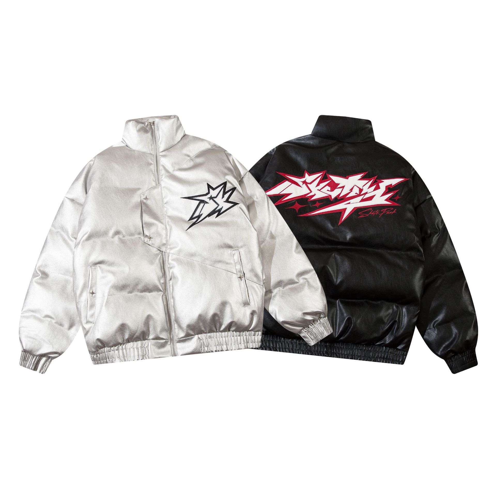 Embroidered PU Leather Cotton-padded Jacket Winter Thickening