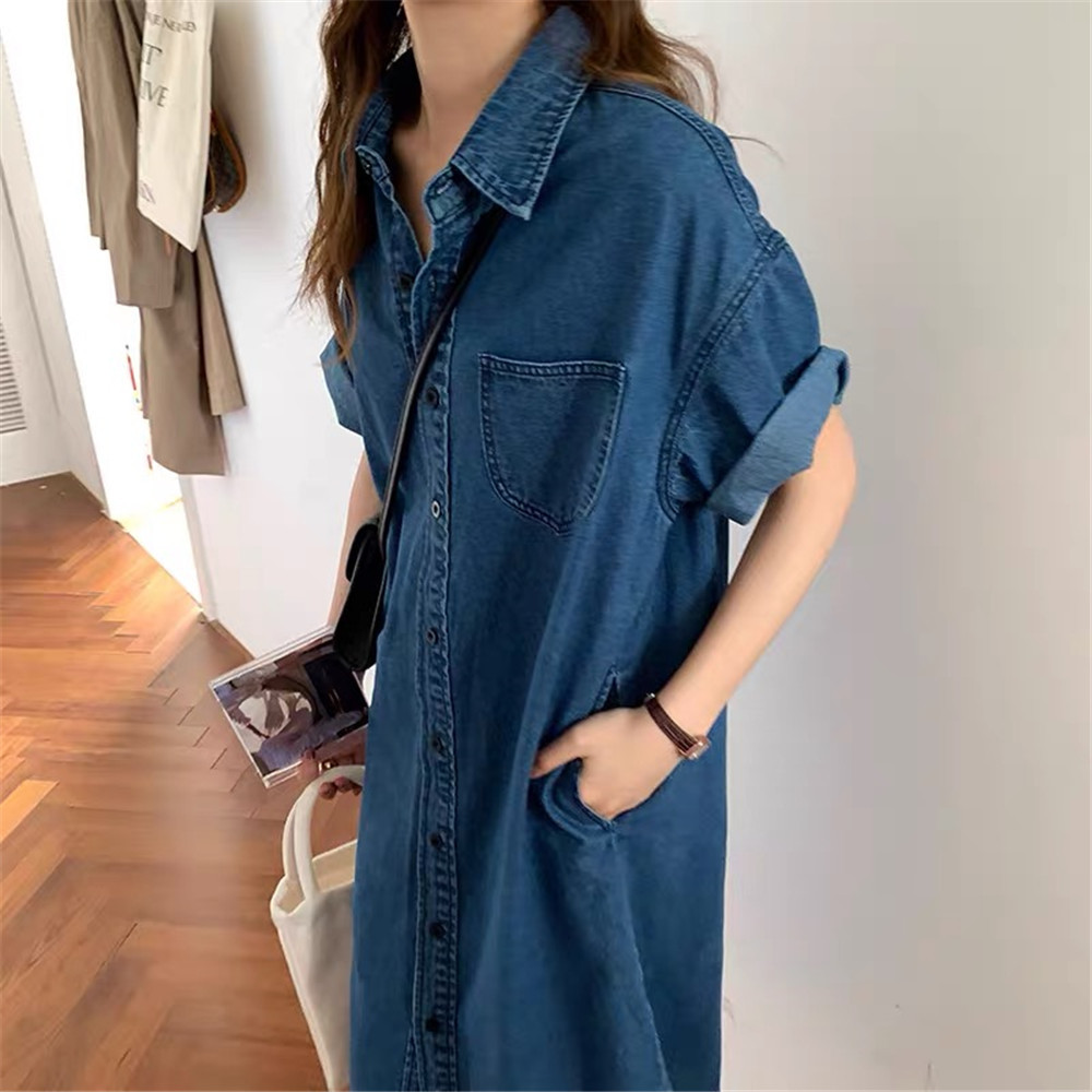 New Loose Western Style Mid-length Single-breasted Short Sleeve Shirt Dress