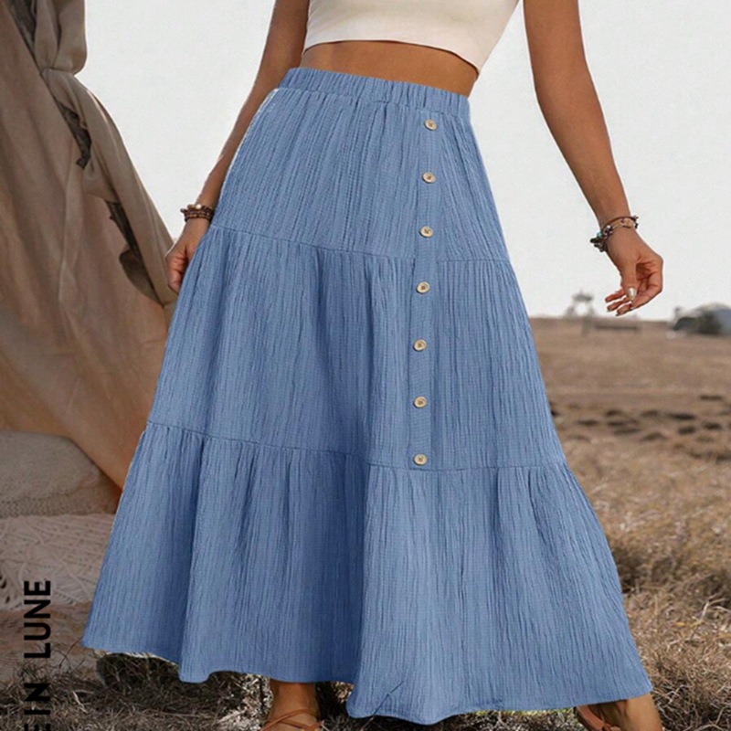 Elastic Waist Comfort Womens Long Tiered Striped Skirt