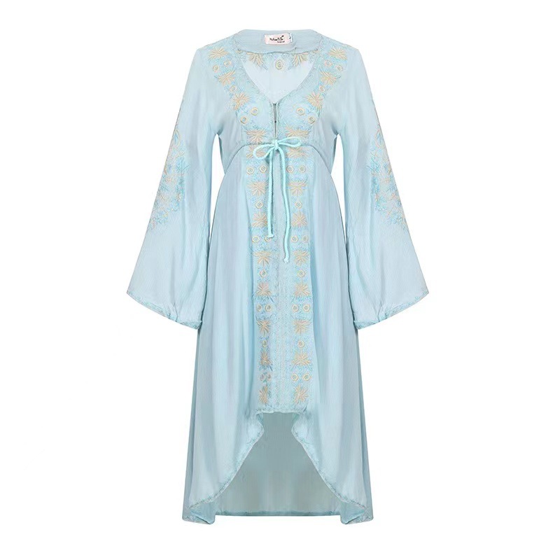 Bohemian Exquisite Embroidery High And Low Hem Flare Sleeve Dress