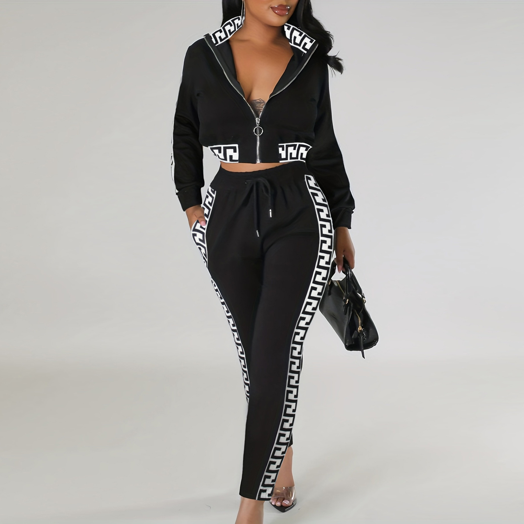 Crop-top Zip-up Top Paired With Meander-pattern Patchwork Pants A Two-piece Set
