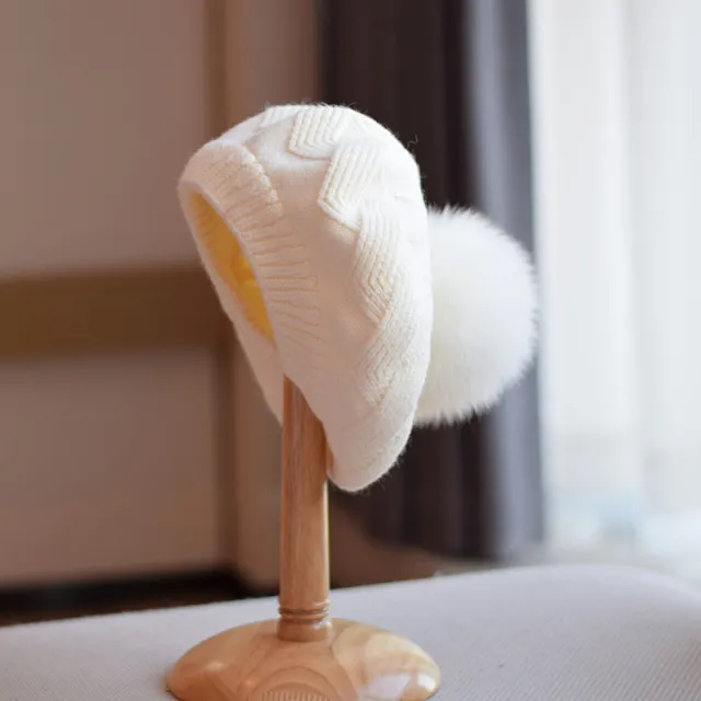 Female Autumn And Winter Knitting Fox Fur Ball Hat White - Shop at LoveMi