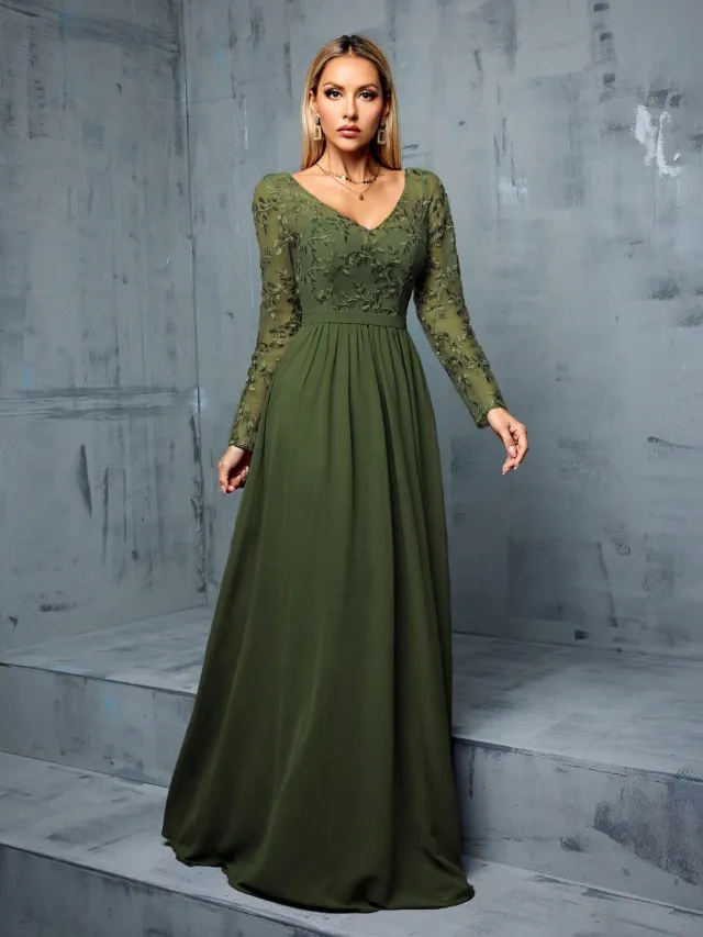 Chiffon Long Sleeve Party Formal Dress Women's Simple Green Al311584 - Shop at LoveMi