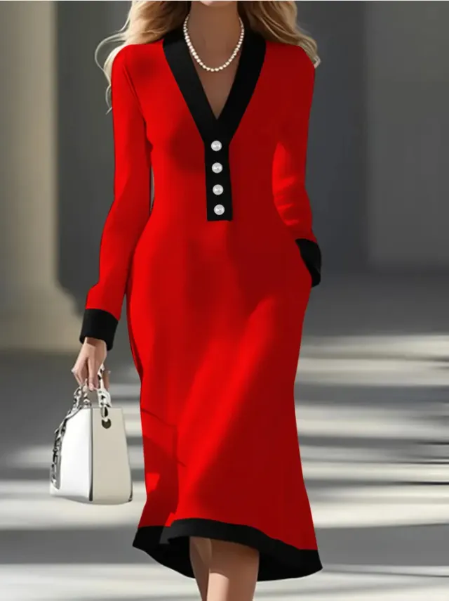 Commuting Color block V neck Midi Dress Casual Red - Shop at LoveMi