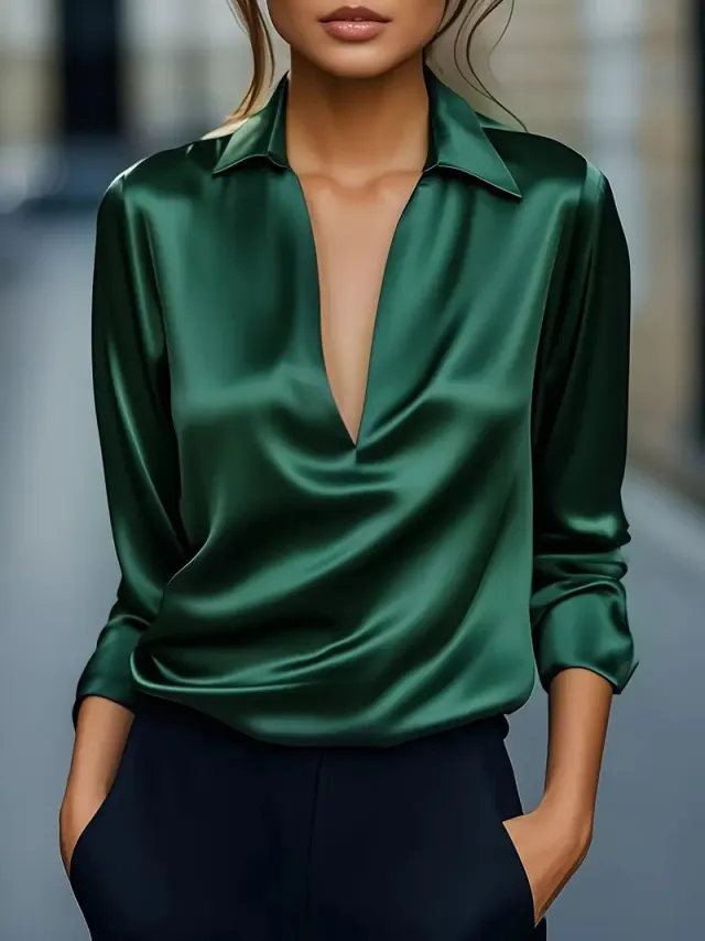 Solid Color Simple V neck Shirt Long Sleeve Shirt Green - Shop at LoveMi