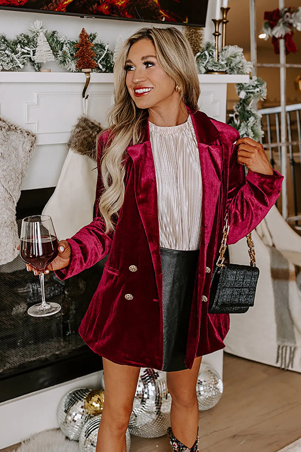 Casual Loose Double-breasted Velvet Suit Jacket - Red