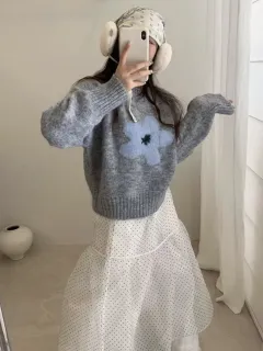 Early Autumn Versatile Casual Floral Round Neck Knitted Long Sleeve Top - Light Grey - View 1