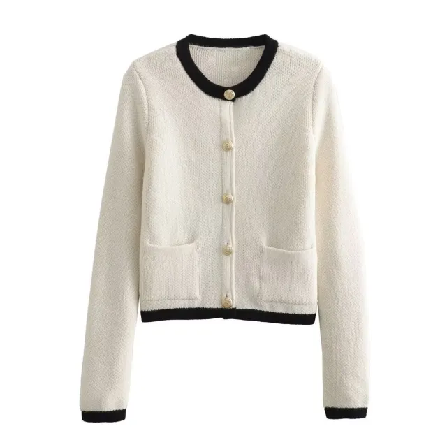 Spring Button Decoration Knitted Cardigan Jacket White Black Collar - Shop at LoveMi