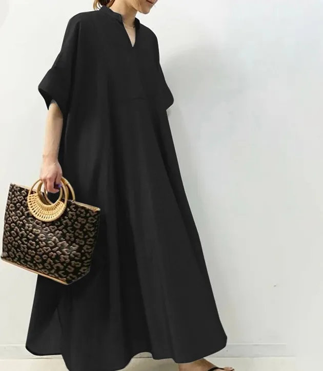 Women's Solid Color Half Sleeve Long Dress Black - Shop at LoveMi
