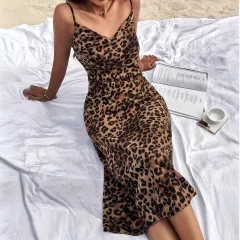 Women's Animal-print Sleeveless Backless Lace-up Silk-satin Dress - Leopard - View 1