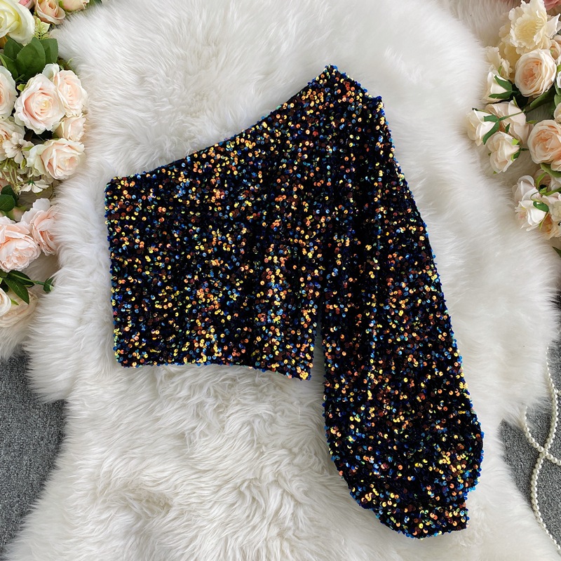 Slim-fit All-matching Short Glitter T-shirt Long Sleeve Top