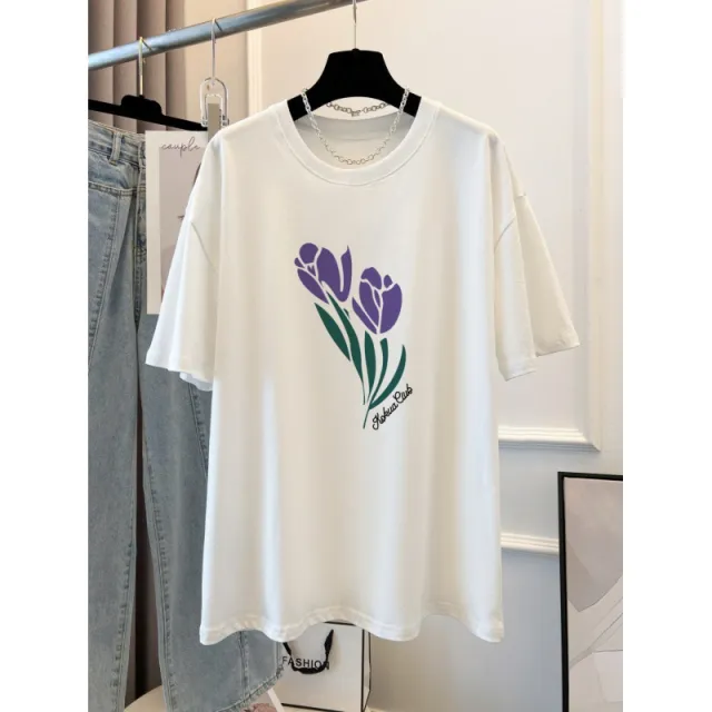 Combed Cotton Printed Summer Clothing Short Sleeve T shirt Women's Loose Korean Style White - Shop at LoveMi