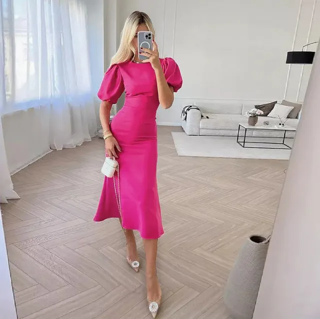 Round Neck Puff Short Sleeve Dress Fashionable Elegant Slim High Waist Rose Red - Shop at LoveMi