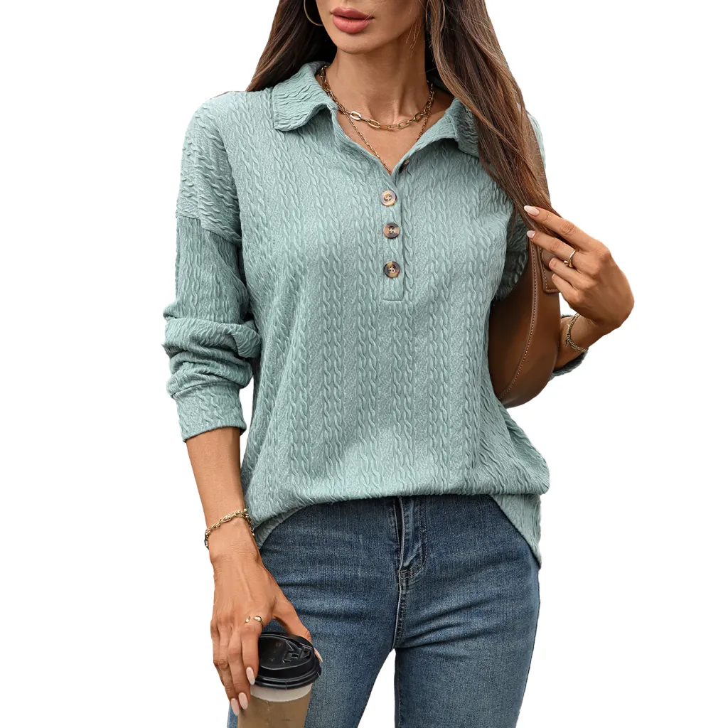 Solid Color Polo Collar Button Loose Long Sleeve Sweatershirt - Green