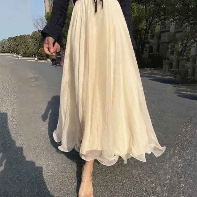 Oversized Wave Edge Gold Silk Chiffon Sparkling Pearl Skirt Champagne Gold - Shop at LoveMi