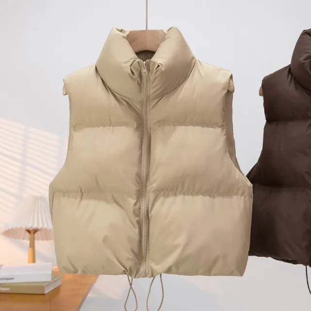 Down Cotton Vest Women Stand up Collar Thick Warm Khaki - Shop at LoveMi