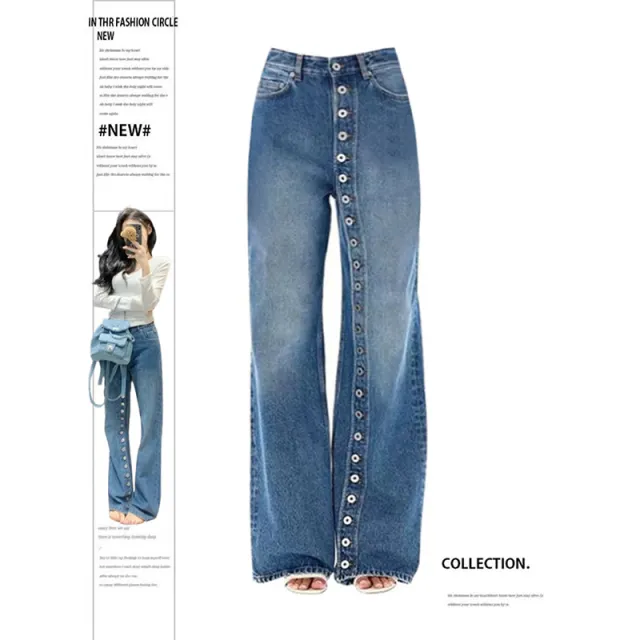 American style Retro Washed button Straight Jeans Blue - Shop at LoveMi