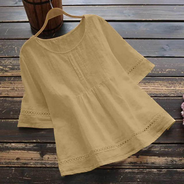 Summer Solid Color Cotton And Linen Top Half Sleeve Khaki - Shop at LoveMi