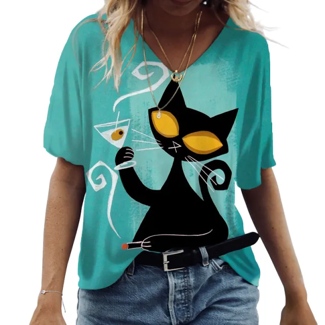 Spring And Summer Women's Casual Short sleeved V neck Cat 3D Printed Top Nt302692 L - Shop at LoveMi
