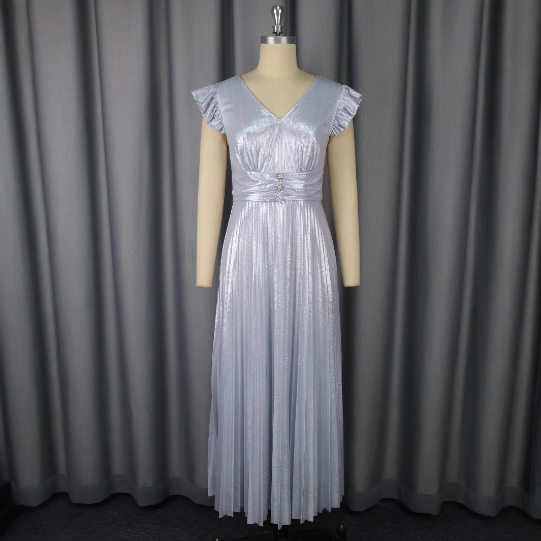 High Waist Crimp Elegant 5 New Style Silver V-neck Dress