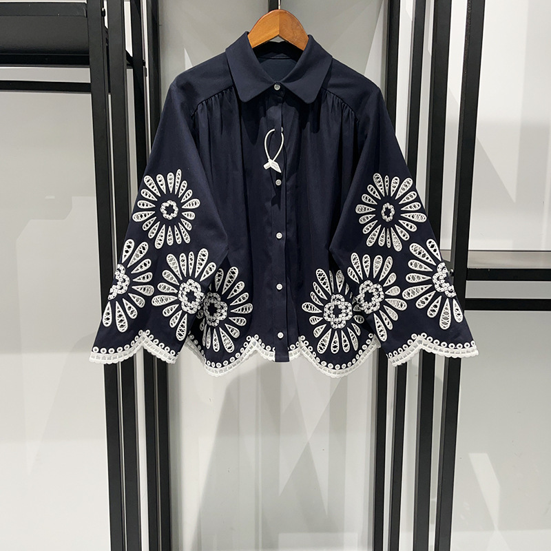 Spring And Summer Leisure Lapel Hollow SUNFLOWER Ethnic Style Wide Leg Pants Suit