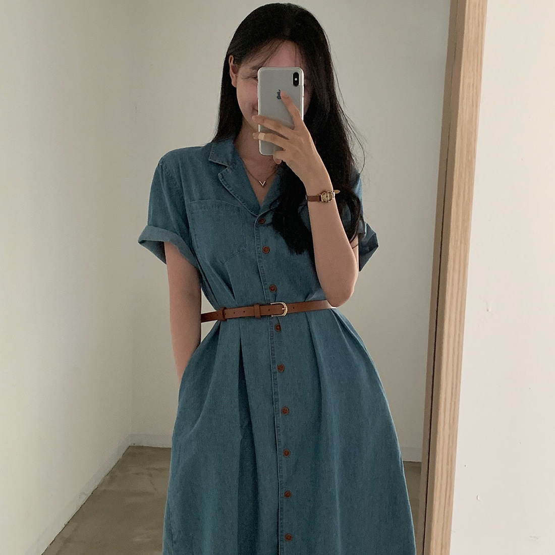 Korean Style French Style Retro Lapels Short Sleeve Denim Dress
