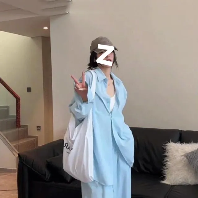 Women's Simple And Stylish Personality Shirt Wide leg Casual Pants Suit Blue Shirt - Shop at LoveMi