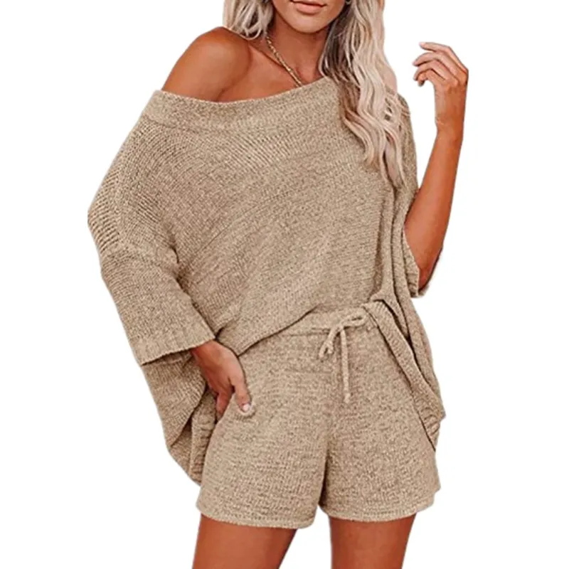 Off-the-shoulder Top Waist Shorts Casual Pyjamas Suit - Khaki