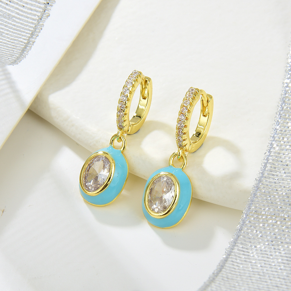 Oval Copper Micro Inlaid Zircon Gold Earrings