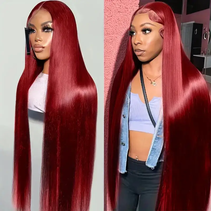 Wine Red Straight Front Lace Straight Hair Wig
