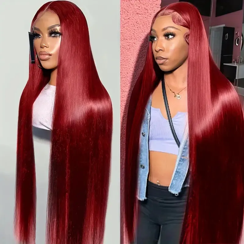 Wine Red Straight Front Lace Straight Hair Wig - Wine Red