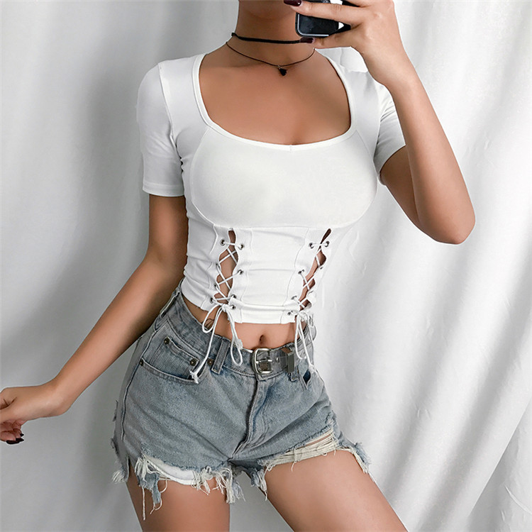 Title 13, Square Neck Lace Drawstring Sexy Navel Slim T-s...