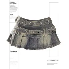 American Retro Large Size Washed Pleated Denim Skirt - Retro Ribbon Lining - View 1