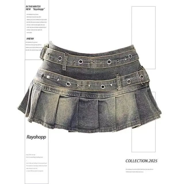 American Retro Large Size Washed Pleated Denim Skirt Retro Ribbon Lining - Shop at LoveMi