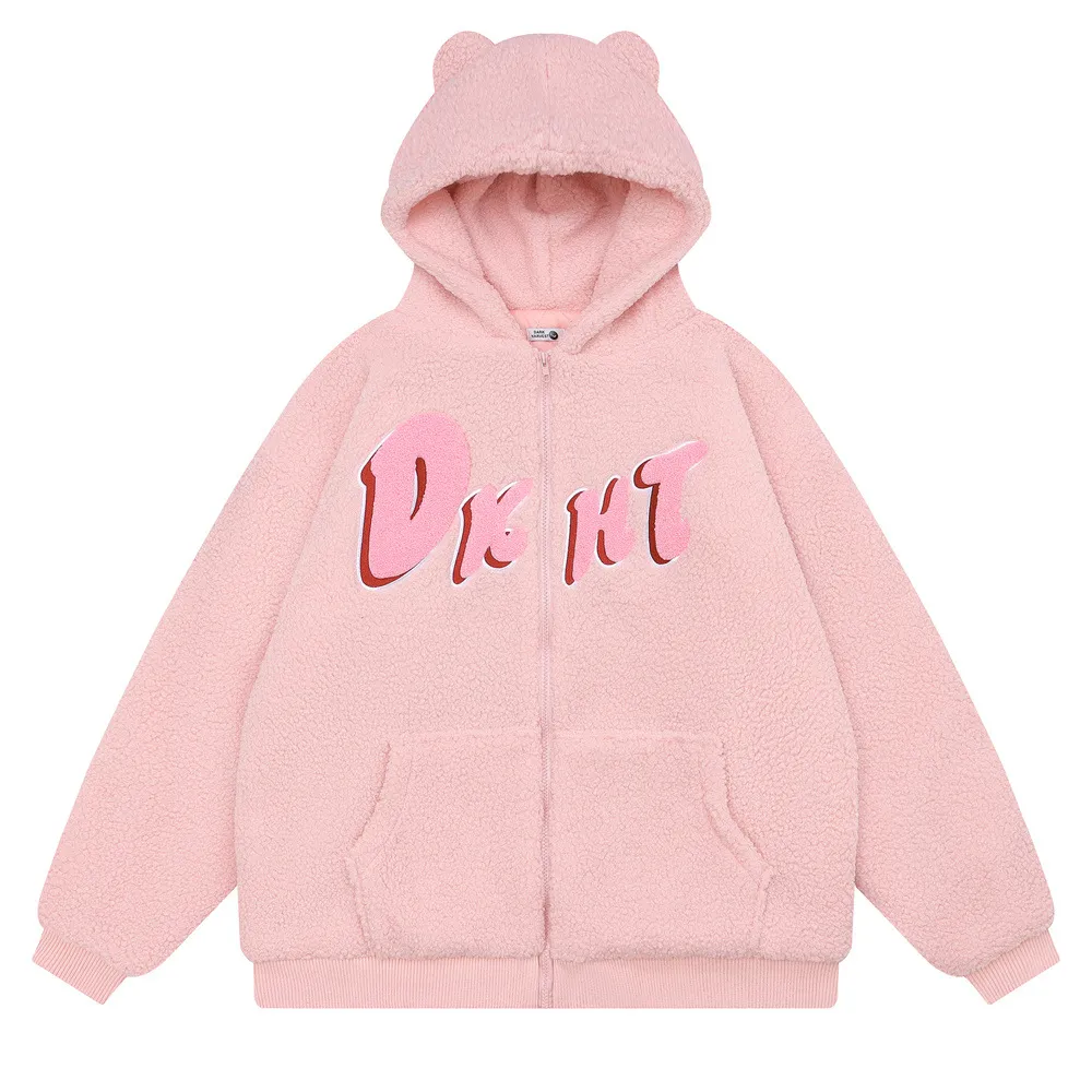 Embroidered Teddy Bear Ear Hooded Lamb Wool Coat - Pink