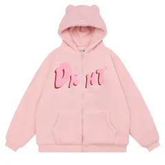 Embroidered Teddy Bear Ear Hooded Lamb Wool Coat - Pink - View 1