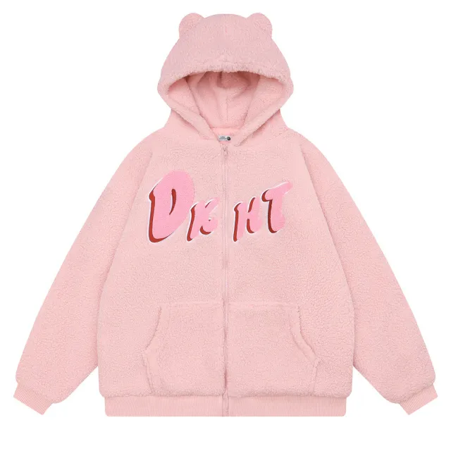 Embroidered Teddy Bear Ear Hooded Lamb Wool Coat Pink - Shop at LoveMi
